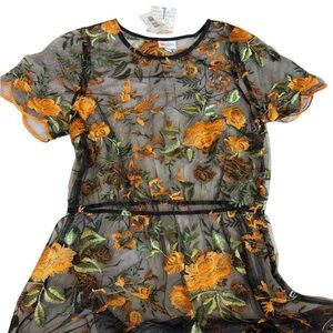LuLaRoe Deanne Black Sheer Maxi Dress with Orange Floral Embroidery